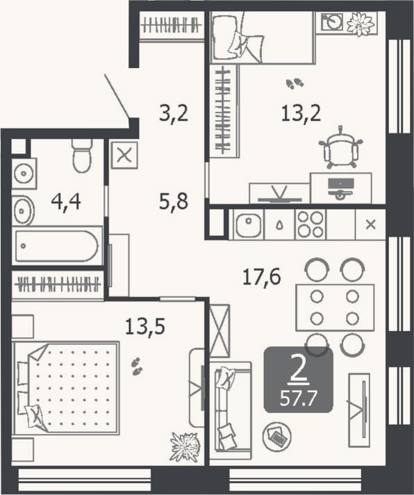 Планировка: 3-к, 57,7 м²