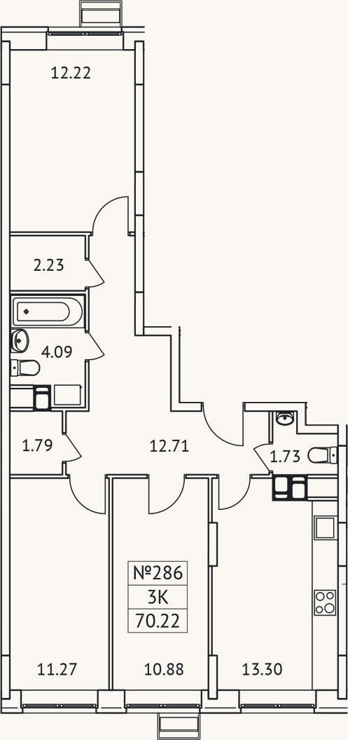 Планировка: 3-к, 70,2 м²