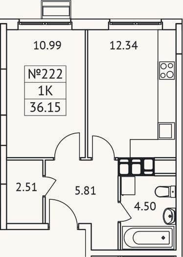 Планировка: 1-к, 36,2 м²