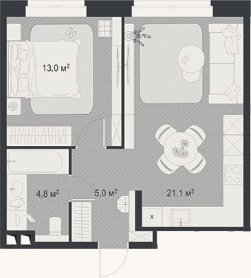 Планировка: 2-к, 43,9 м²