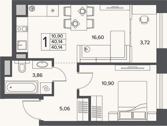 Планировка: 2-к, 36,4 м²