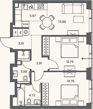 Планировка: 3-к, 62,8 м²