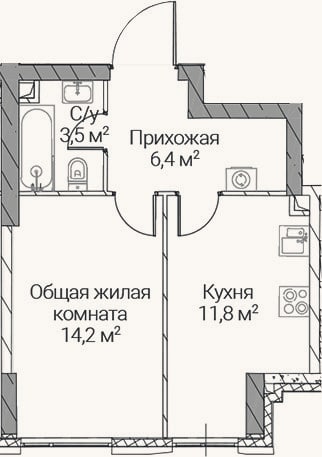 Планировка: 1-к, 35,9 м²