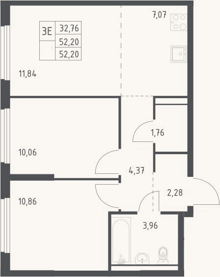 Планировка: 3-к, 52,2 м²