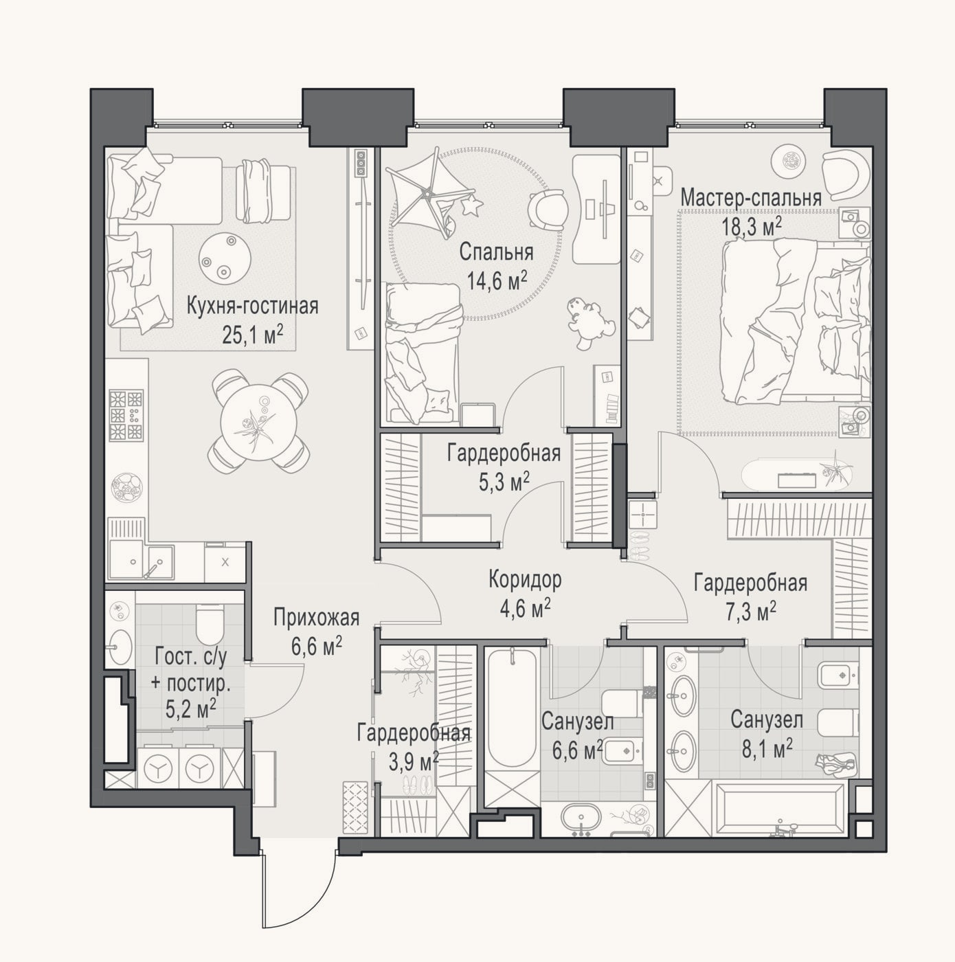 Планировка: 3-к, 106,7 м²