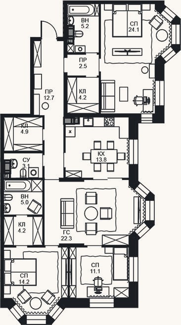 Планировка: 4+ к, 127,3 м²