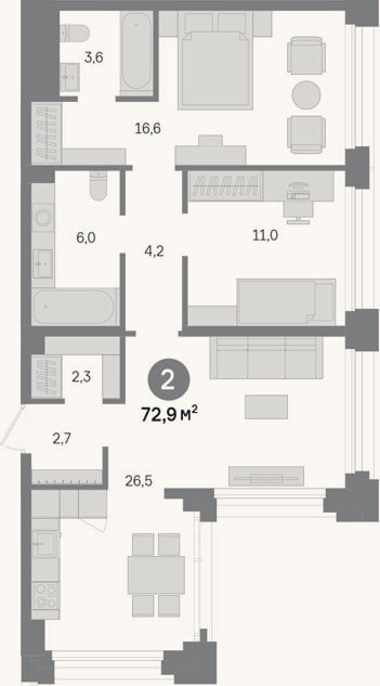 Планировка: 2-к, 72,9 м²