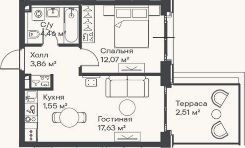 Планировка: 2-к, 39,6 м²