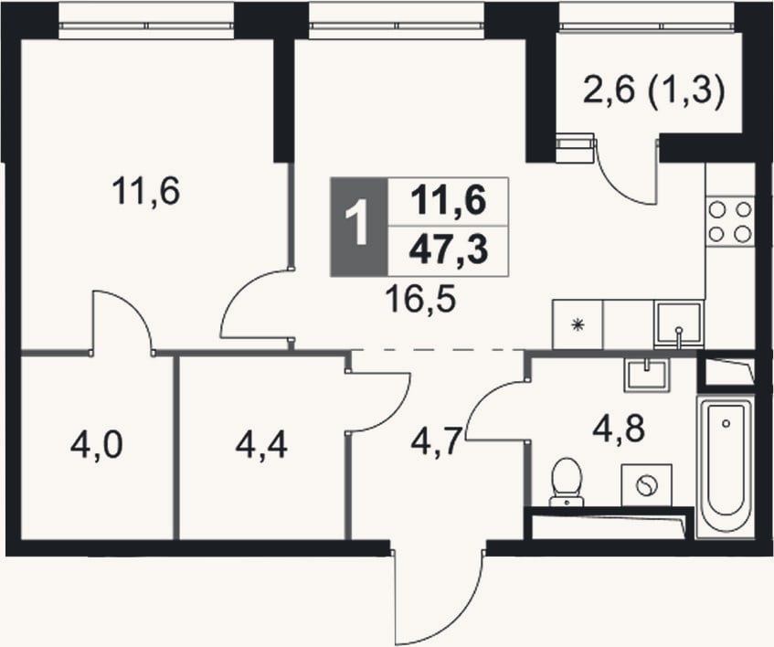 Планировка: 2-к, 46 м²