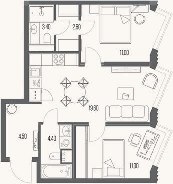 Планировка: 2-к, 56,5 м²