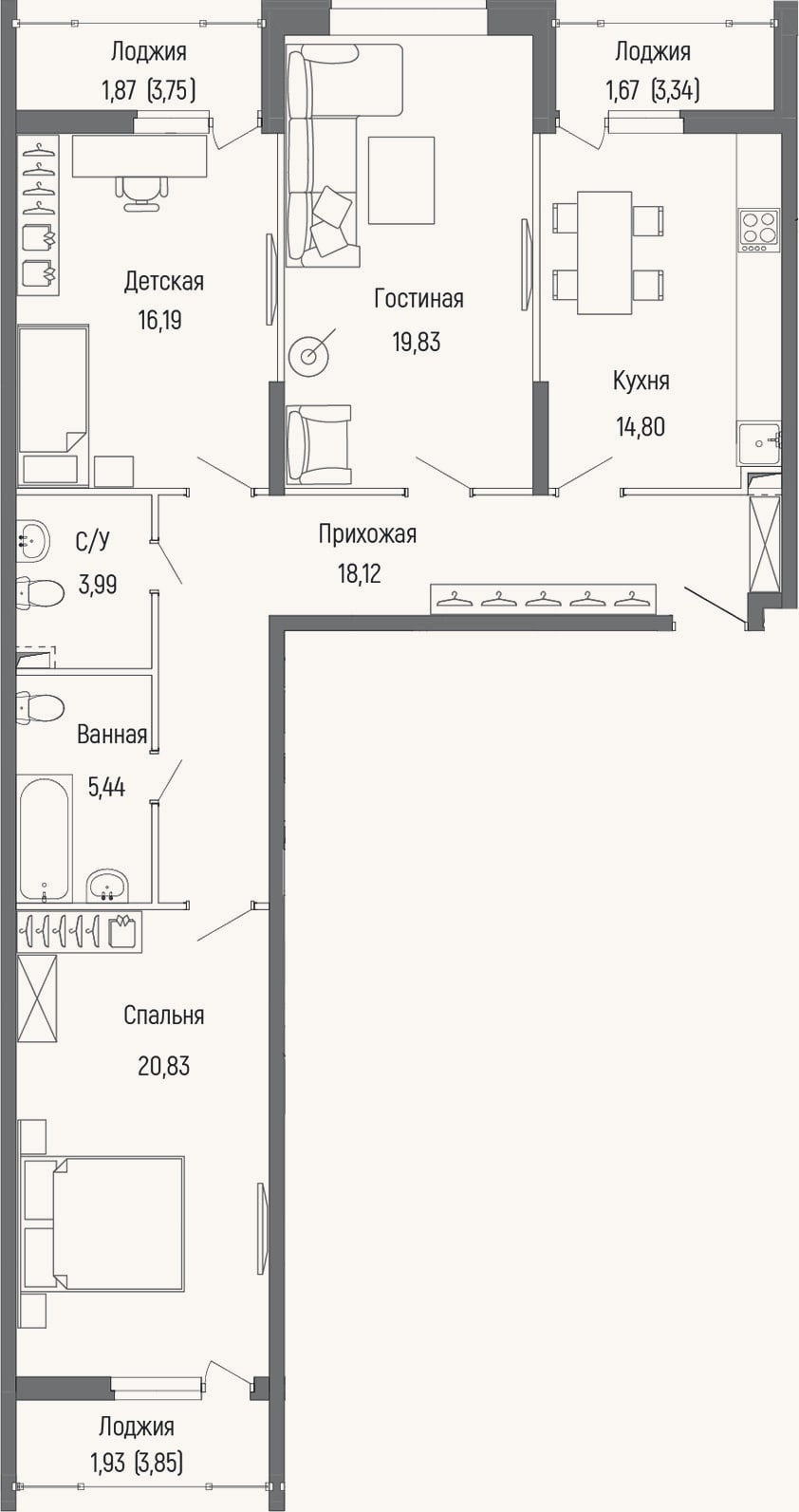 Планировка: 3-к, 99,2 м²
