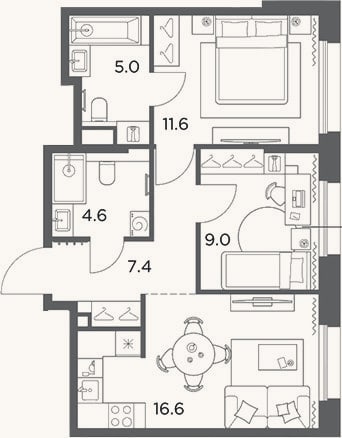 Планировка: 3-к, 54,2 м²
