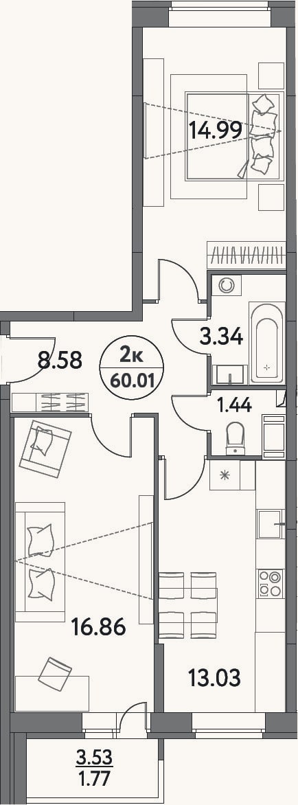 Планировка: 2-к, 58,2 м²