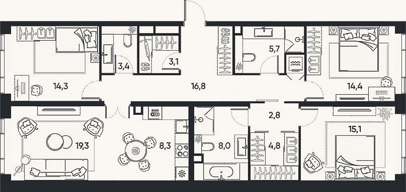 Планировка: 4+ к, 116 м²