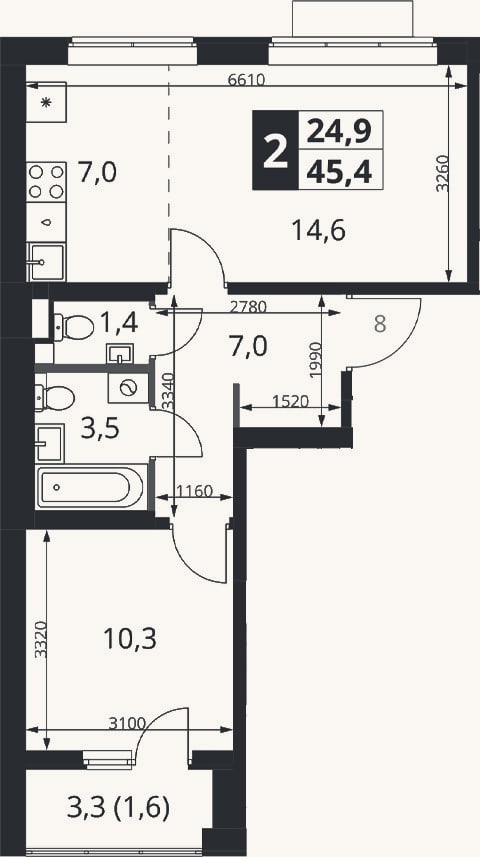 Планировка: 2-к, 43,8 м²