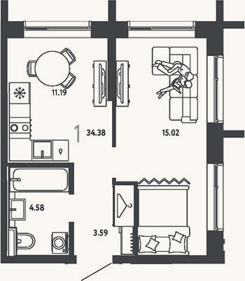Планировка: 1-к, 34,4 м²