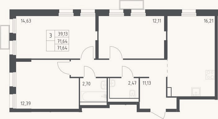 Планировка: 3-к, 71,6 м²