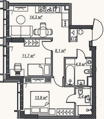 Планировка: 3-к, 56,4 м²