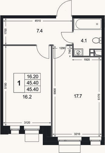 Планировка: 1-к, 45,4 м²