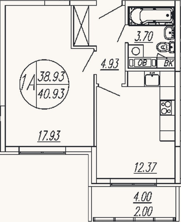 Планировка: 1-к, 38,9 м²