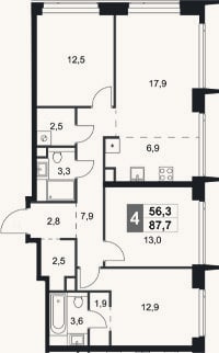 Планировка: 4+ к, 87,7 м²