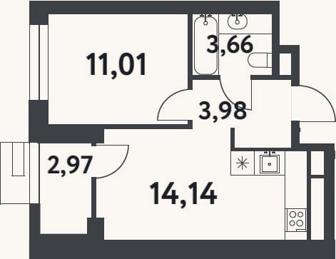 Планировка: 1-к, 32,8 м²