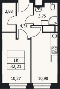 Планировка: 1-к, 32,2 м²