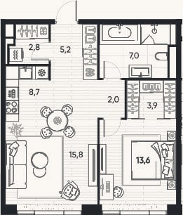 Планировка: 2-к, 59 м²