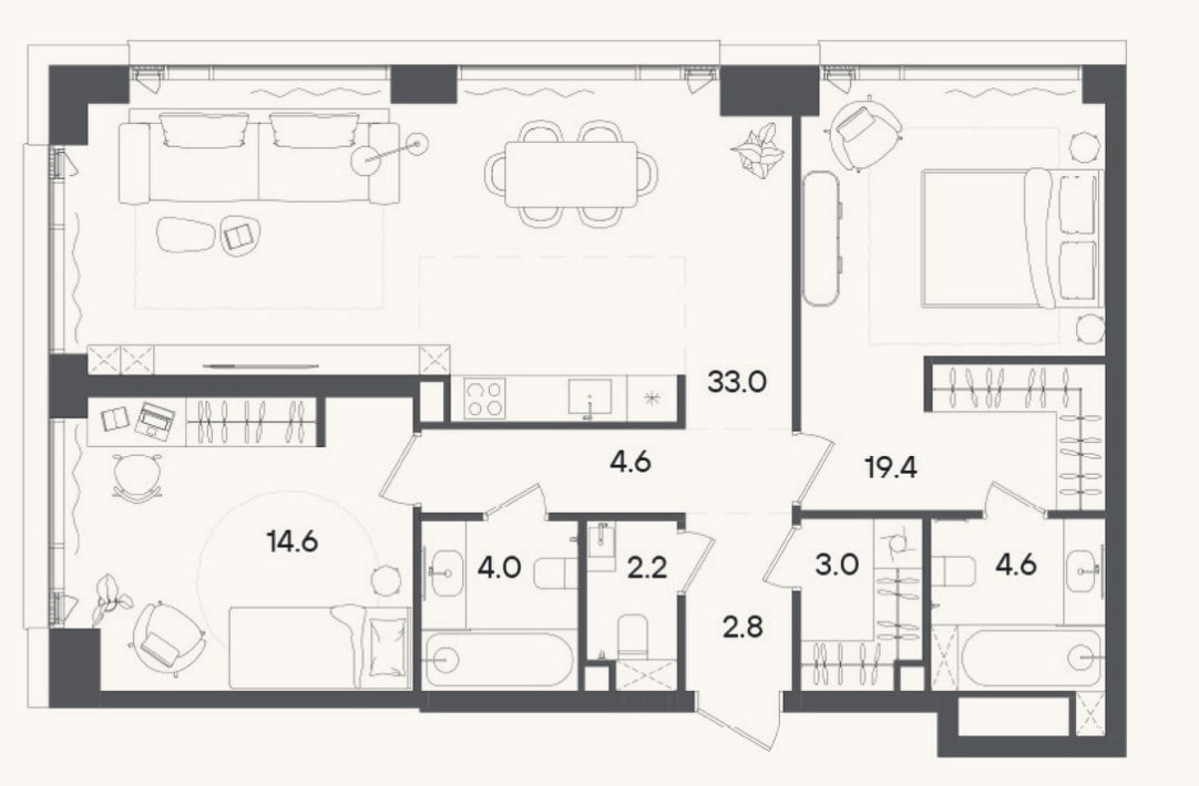 Планировка: 3-к, 88,2 м²