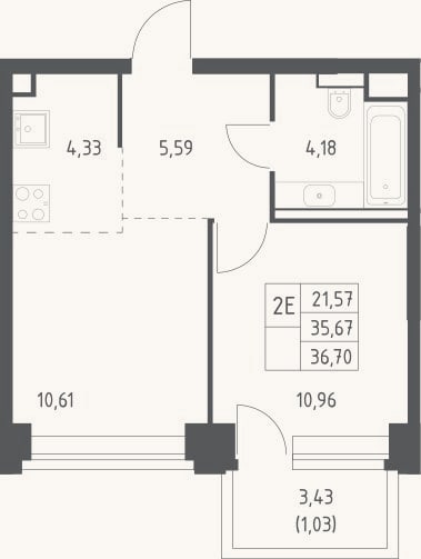 Планировка: 2-к, 35,7 м²