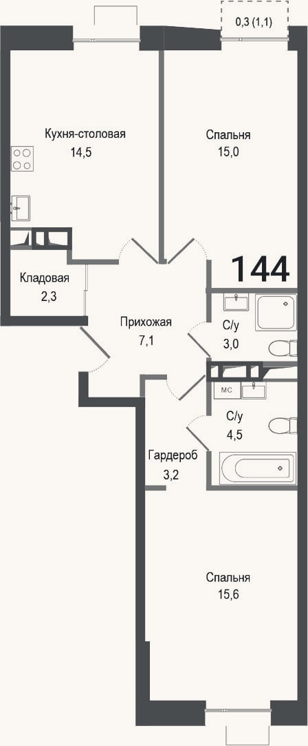 Планировка: 2-к, 65,2 м²