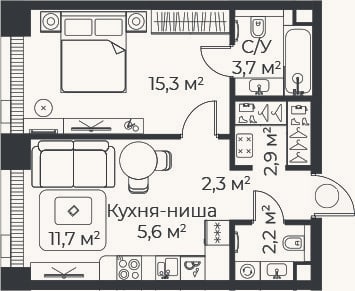 Планировка: 2-к, 43,7 м²