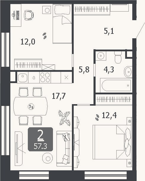 Планировка: 3-к, 57,3 м²