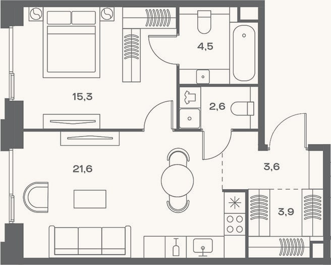 Планировка: 2-к, 51,5 м²