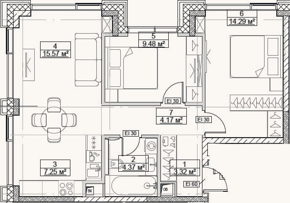 Планировка: 3-к, 58,5 м²