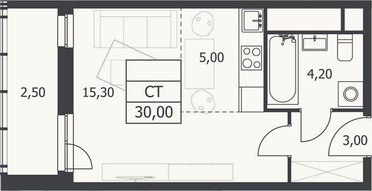 Планировка: Студия, 27,5 м²