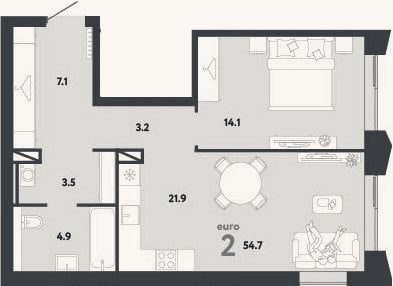 Планировка: 2-к, 54,7 м²