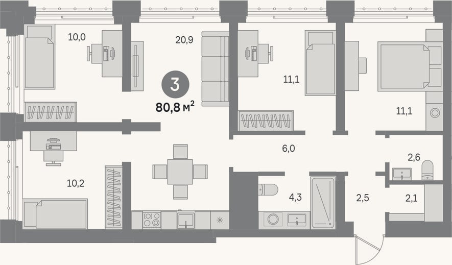 Планировка: 4+ к, 80,8 м²