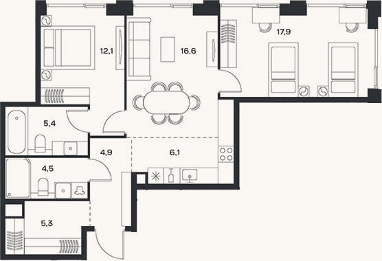 Планировка: 3-к, 72,8 м²