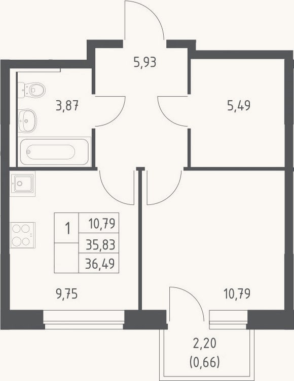 Планировка: 1-к, 35,8 м²
