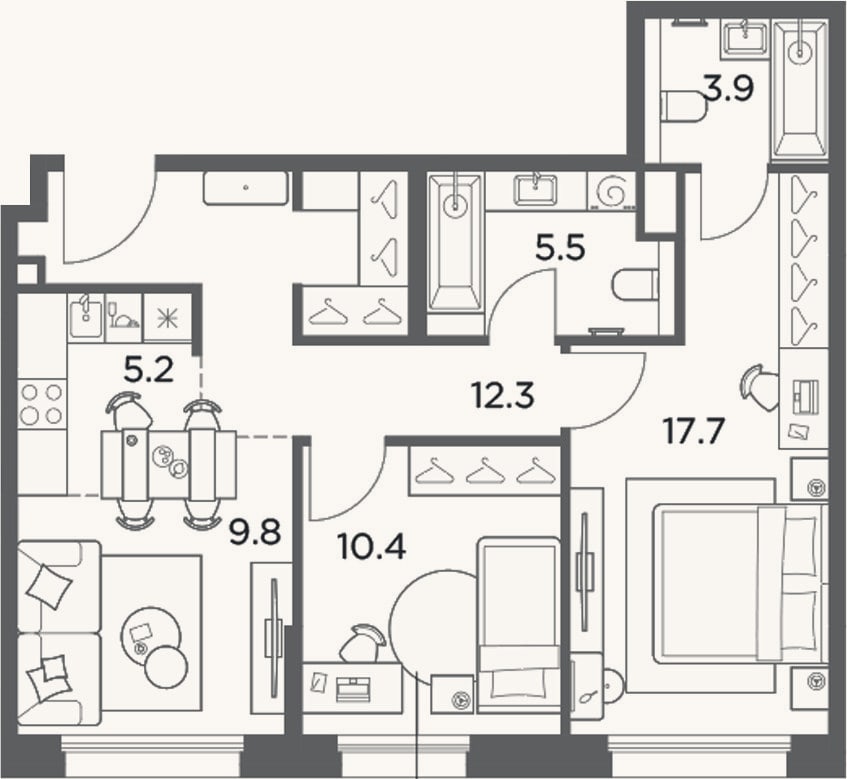 Планировка: 3-к, 64,8 м²