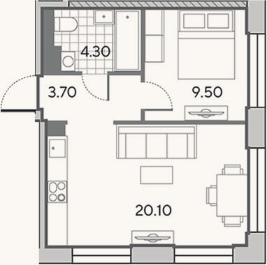 Планировка: 2-к, 37,6 м²