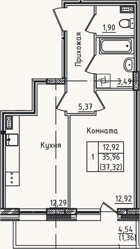 Планировка: 1-к, 36 м²