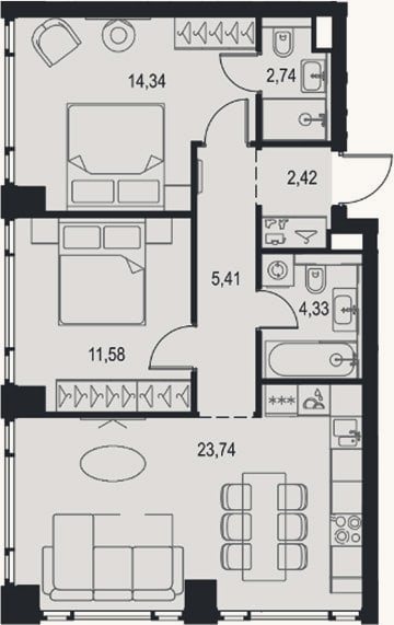 Планировка: 3-к, 64,6 м²