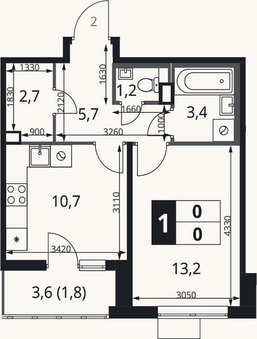 Планировка: 1-к, 36,9 м²
