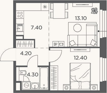 Планировка: 2-к, 41,4 м²