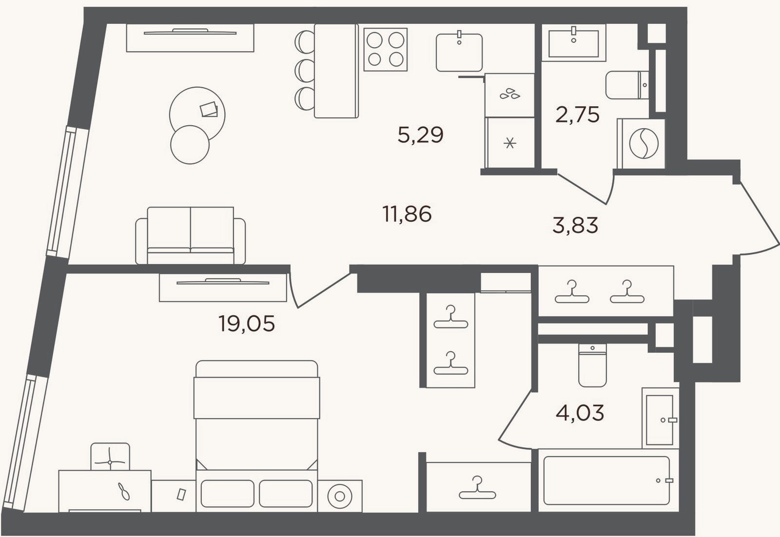 Планировка: 2-к, 45,8 м²