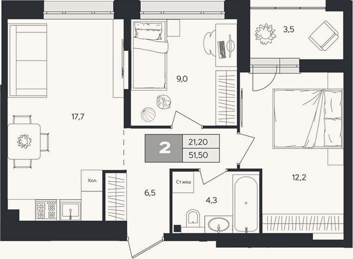 Планировка: 2-к, 49,8 м²