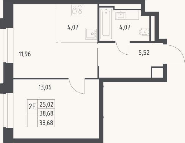 Планировка: 2-к, 38,7 м²