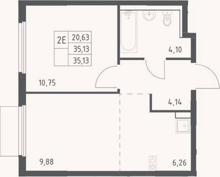 Планировка: 2-к, 35,1 м²